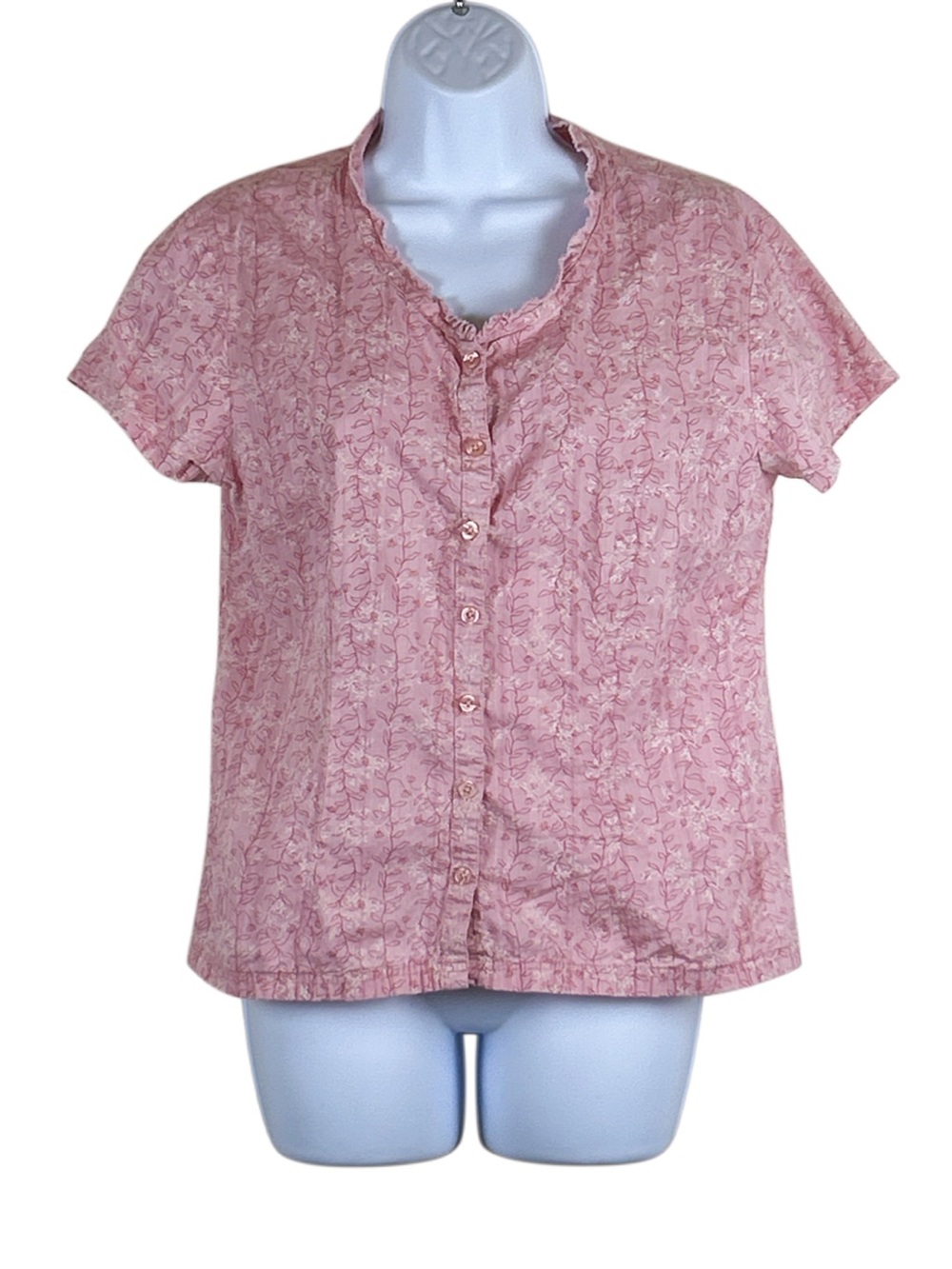 Cabela's Pink Floral Ruffle Neck Short Sleeve Button Up Cotton Shirt M